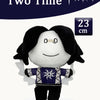 A white plush rabbit stuffed toy with black hair and a blue patterned shirt, measuring 23 cm.