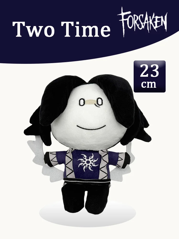 A white plush rabbit stuffed toy with black hair and a blue patterned shirt, measuring 23 cm.