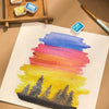 A watercolor painting featuring horizontal stripes of sunset colors, including red, orange, yellow, and purple, with silhouet