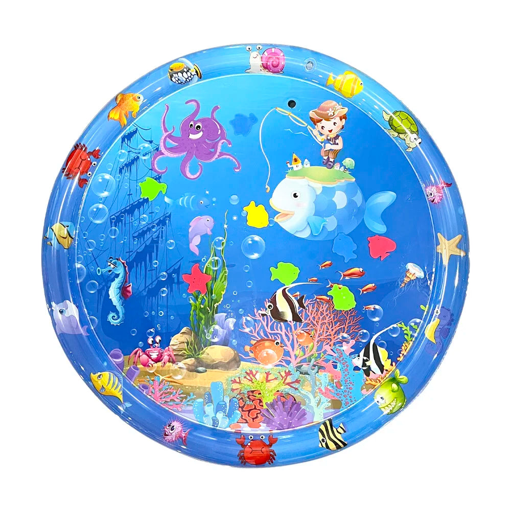 A circular blue water play mat featuring colorful sea creatures and marine life for baby learning.