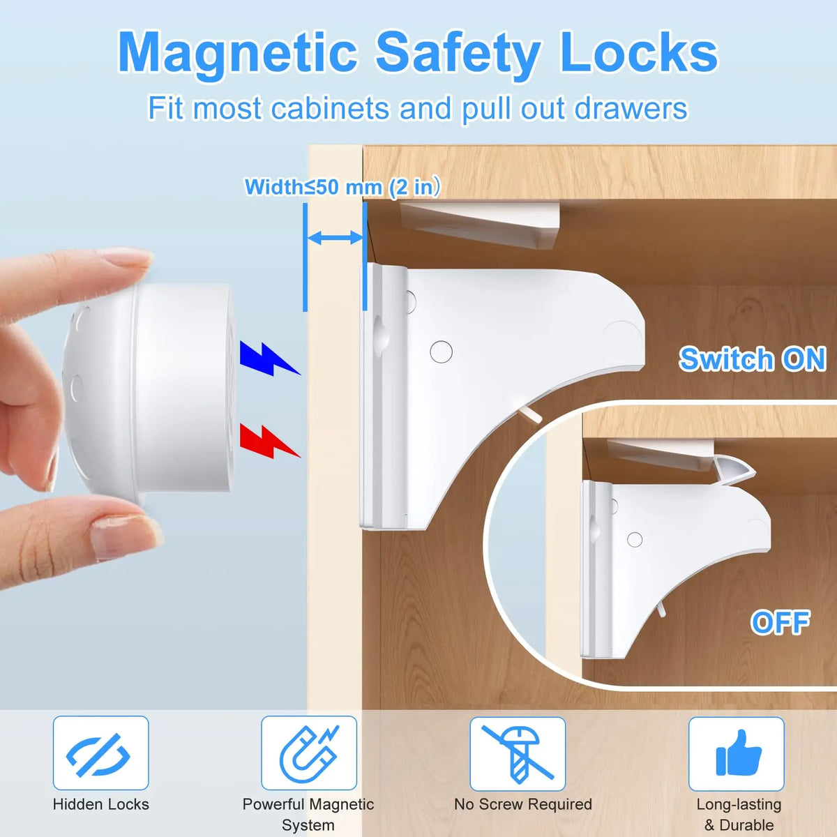Close-up of a magnetic safety lock mechanism used to secure cabinets and drawers, showing switch ON and OFF positions.
