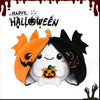 An orange and black hybrid plush toy shaped like a pumpkin with bat wings for Halloween.