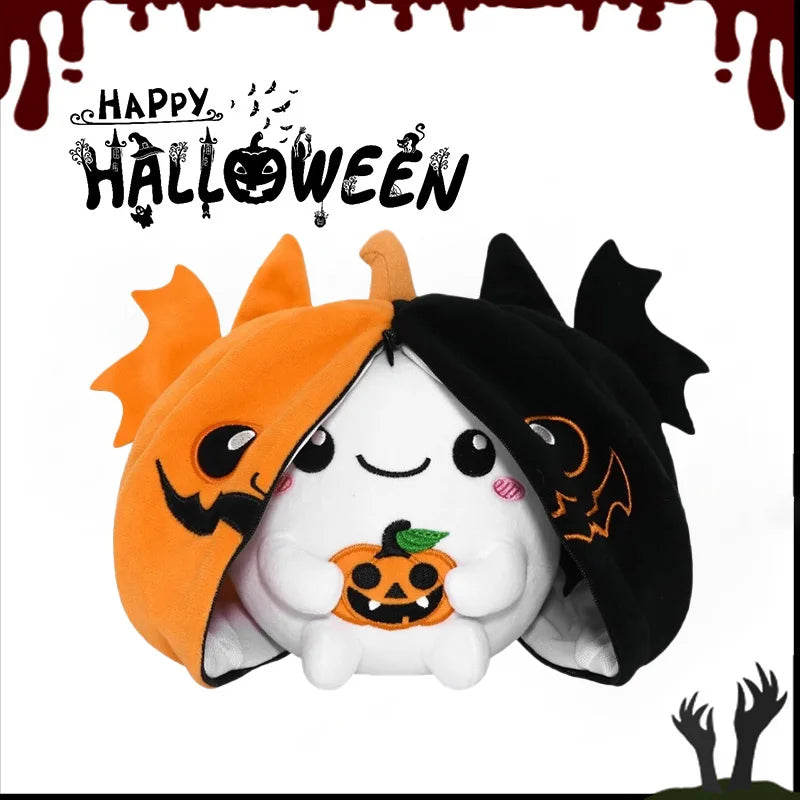 An orange and black hybrid plush toy shaped like a pumpkin with bat wings for Halloween.
