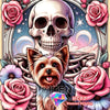 Diamond painting kit featuring a portrait of a dog with a skull motif and roses.