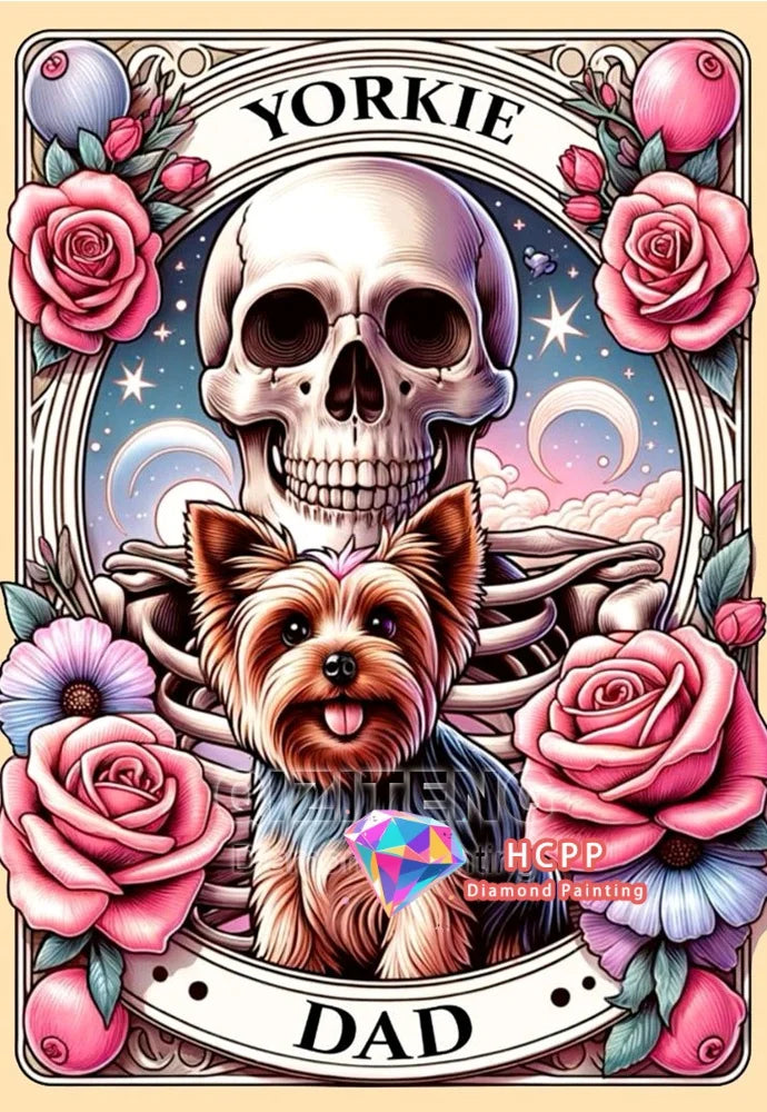 Diamond painting kit featuring a portrait of a dog with a skull motif and roses.