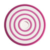 A silicone baby teether set featuring concentric rings in pink and white, shaped like fruit and vegetable outlines.