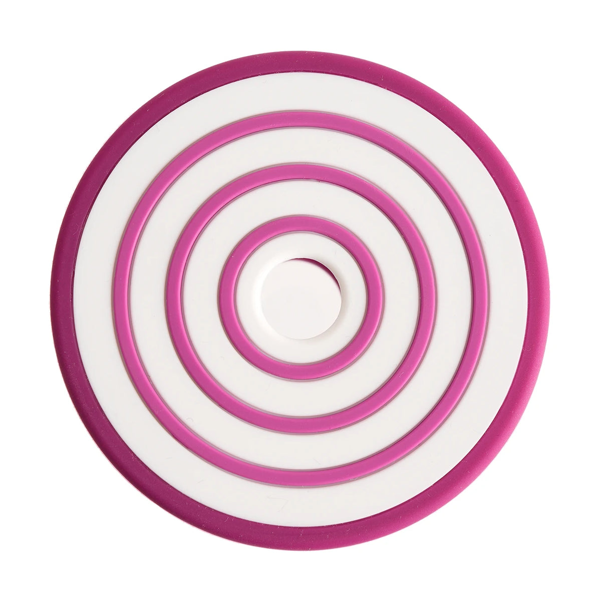 A silicone baby teether set featuring concentric rings in pink and white, shaped like fruit and vegetable outlines.