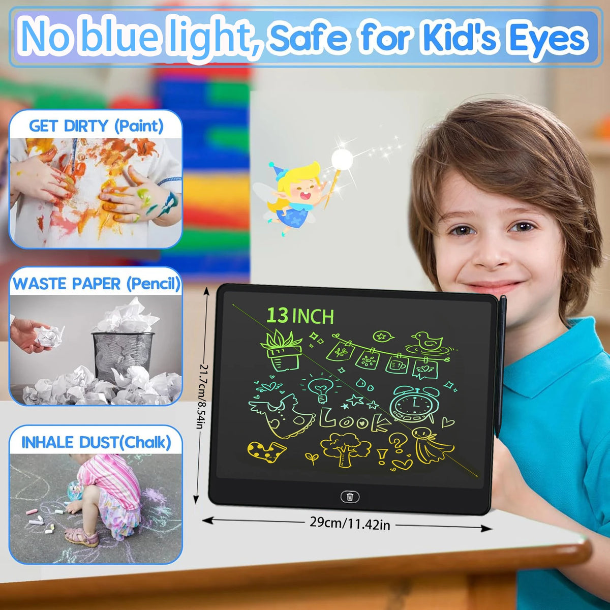 A reusable LCD writing tablet for kids showing various doodle examples and safety warnings.