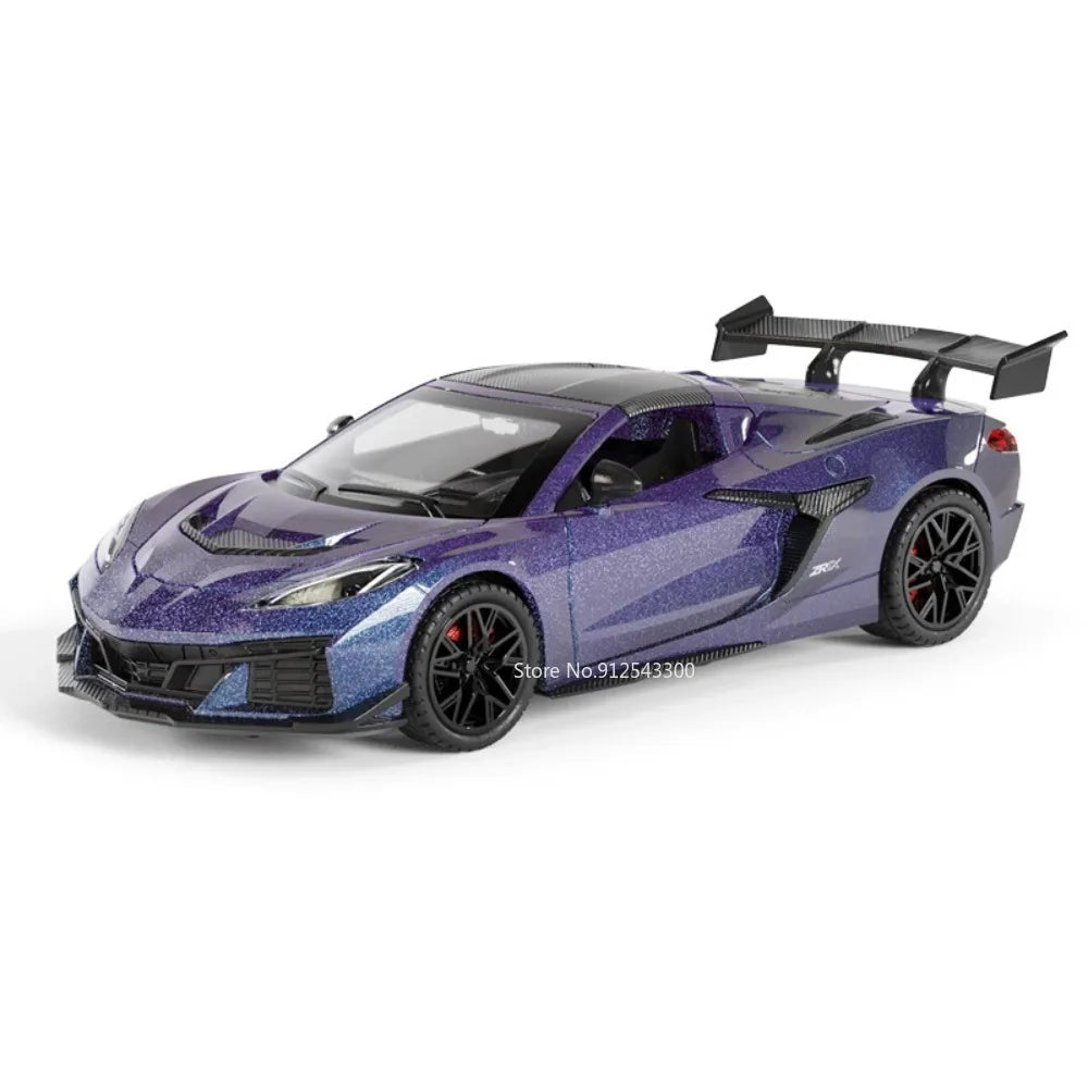 A purple 1:32 scale diecast supercar model with a black spoiler and opening doors.