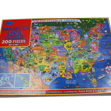 A colorful 200-piece jigsaw puzzle of the United States map featuring states, capitals, geography, and landmarks.