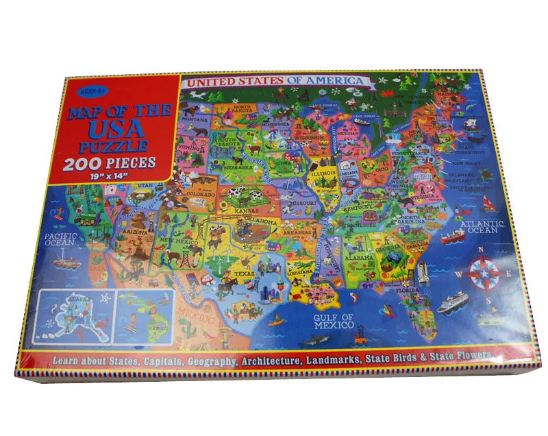 A colorful 200-piece jigsaw puzzle of the United States map featuring states, capitals, geography, and landmarks.