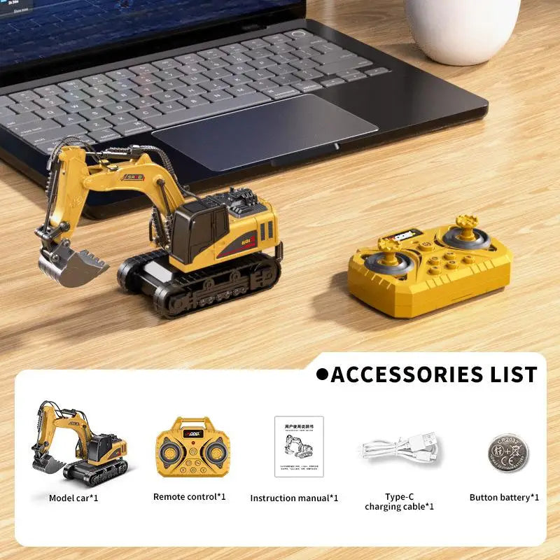 A yellow mini RC forklift truck model with a black excavator attachment sits next to a laptop and an accessories list.