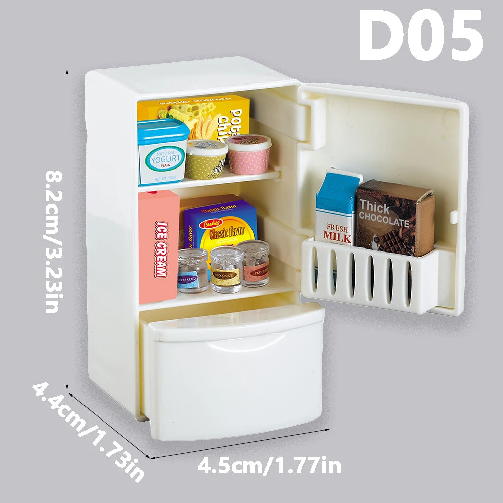 A white dollhouse cabinet with various food and cosmetic accessories displayed inside.