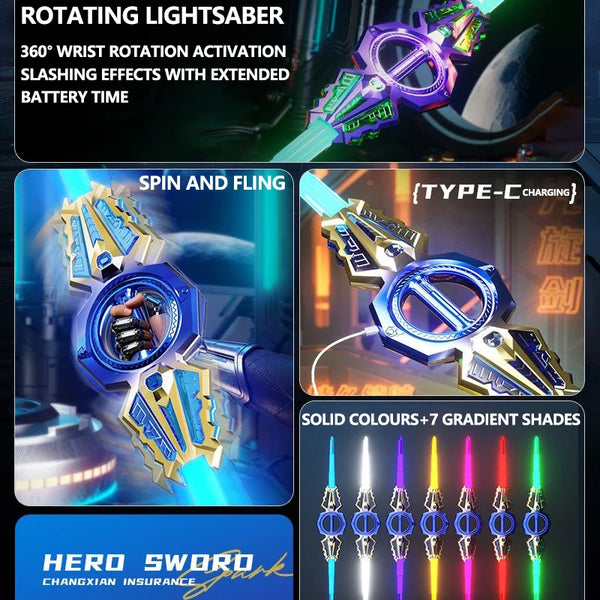 A rotating lightsaber toy with multi-color flash LEDs and a gold and blue design, shown in various action poses.