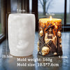 A silicone candle mold shaped like a witch portrait with skulls, displayed next to the finished candle.