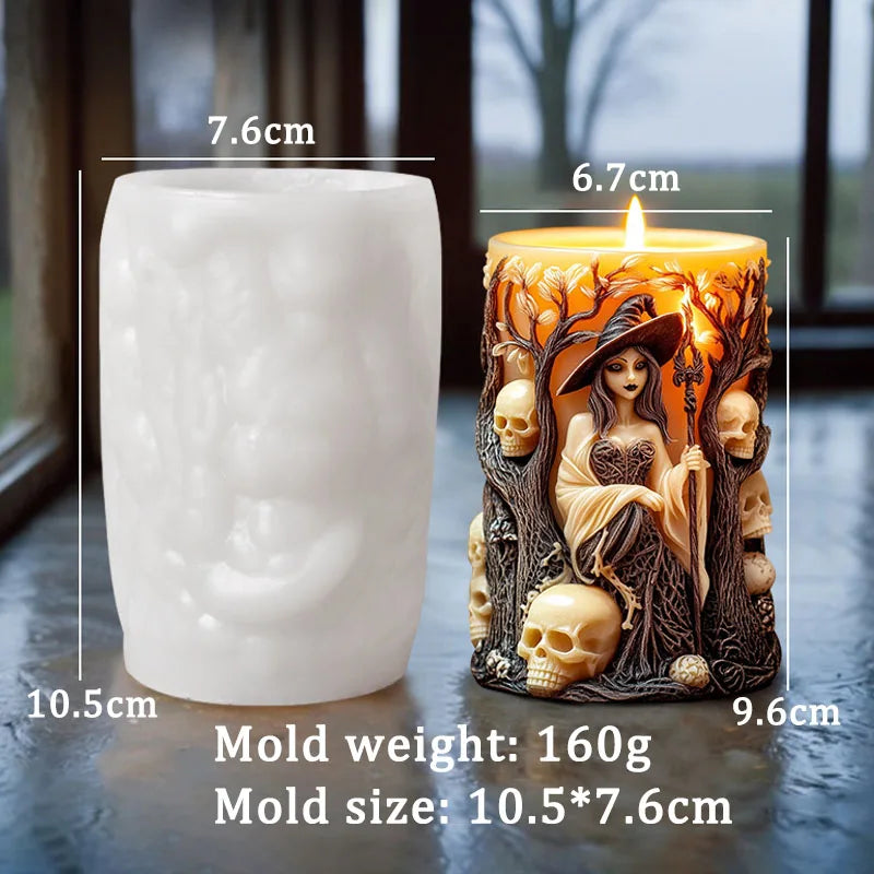 A silicone candle mold shaped like a witch portrait with skulls, displayed next to the finished candle.