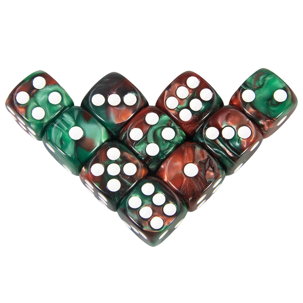 A set of ten 16mm acrylic D6 dice in multi-color green and brown shades.