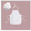 White kids chef apron and hat set for pretend play displayed on a pink background.