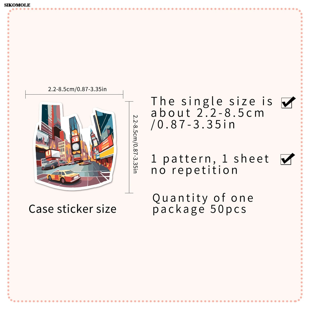 A diagram showing the size and quantity of a single sticker, which is 2.2-8.5cm/0.87-3.35in, and a package quantity of 50 pie