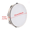 A white wooden tambourine with metal jingles, showing dimensions of 25cm/10inch and 4.5cm/1.77in.