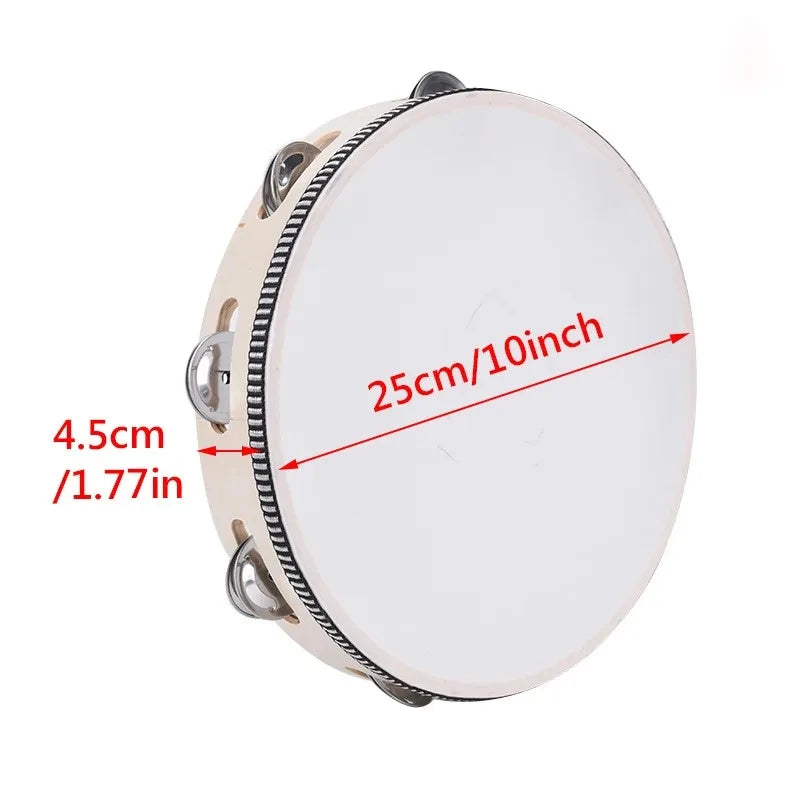 A white wooden tambourine with metal jingles, showing dimensions of 25cm/10inch and 4.5cm/1.77in.