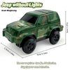 A green camouflage jeep toy car with a black body and tires, requiring two 5 batteries.