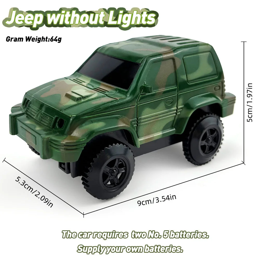 A green camouflage jeep toy car with a black body and tires, requiring two 5 batteries.