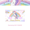 A unicorn illustration with a rainbow background and clouds, suitable for a girls' birthday celebration.