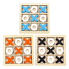 A wooden tic tac toe board game with blue and white wooden pieces.
