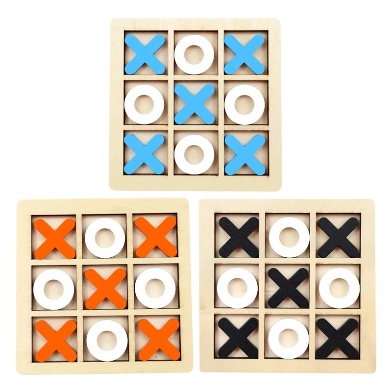 A wooden tic tac toe board game with blue and white wooden pieces.