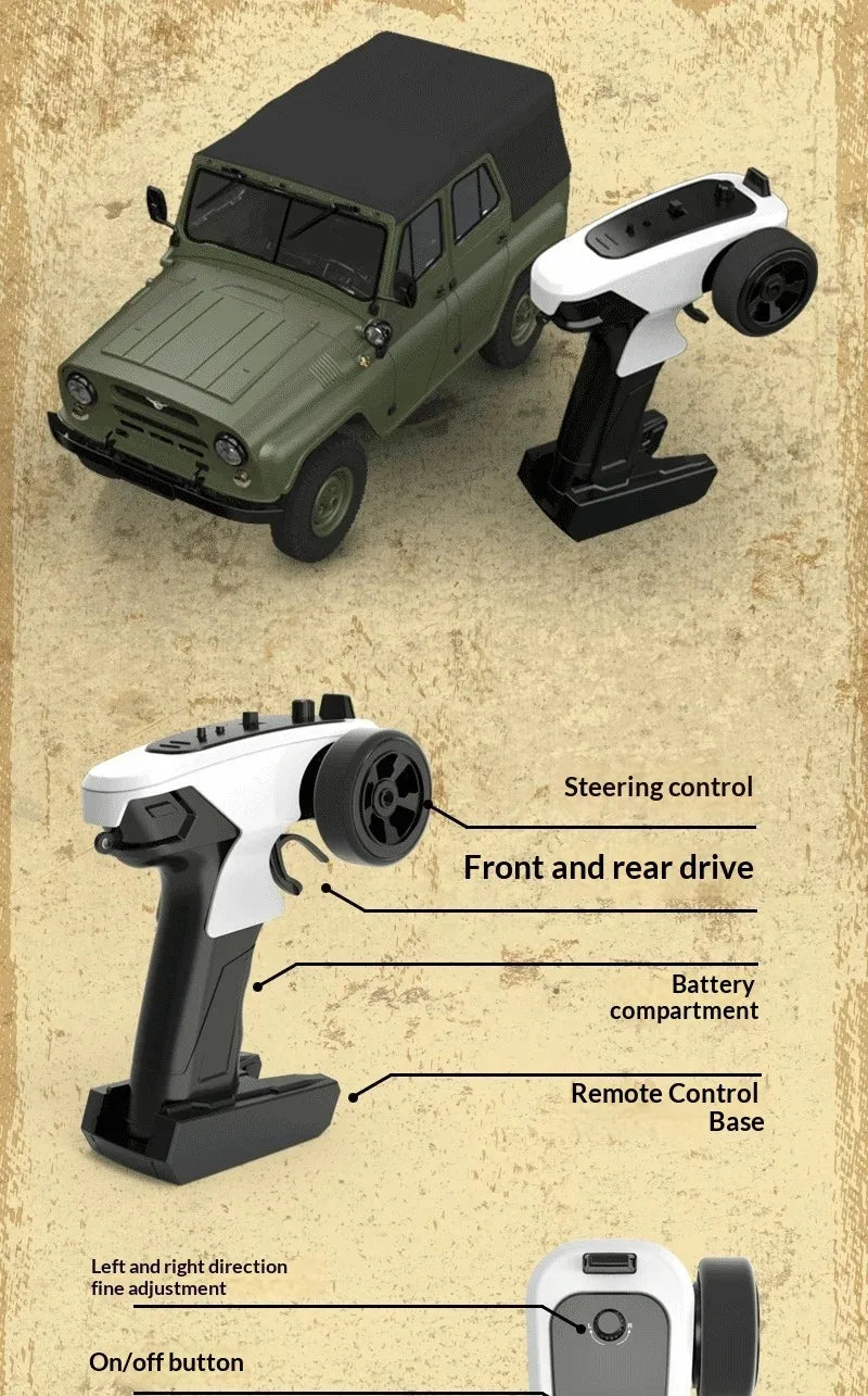 A green 1/12 scale RC rock crawler truck with a white steering control and battery compartment components.