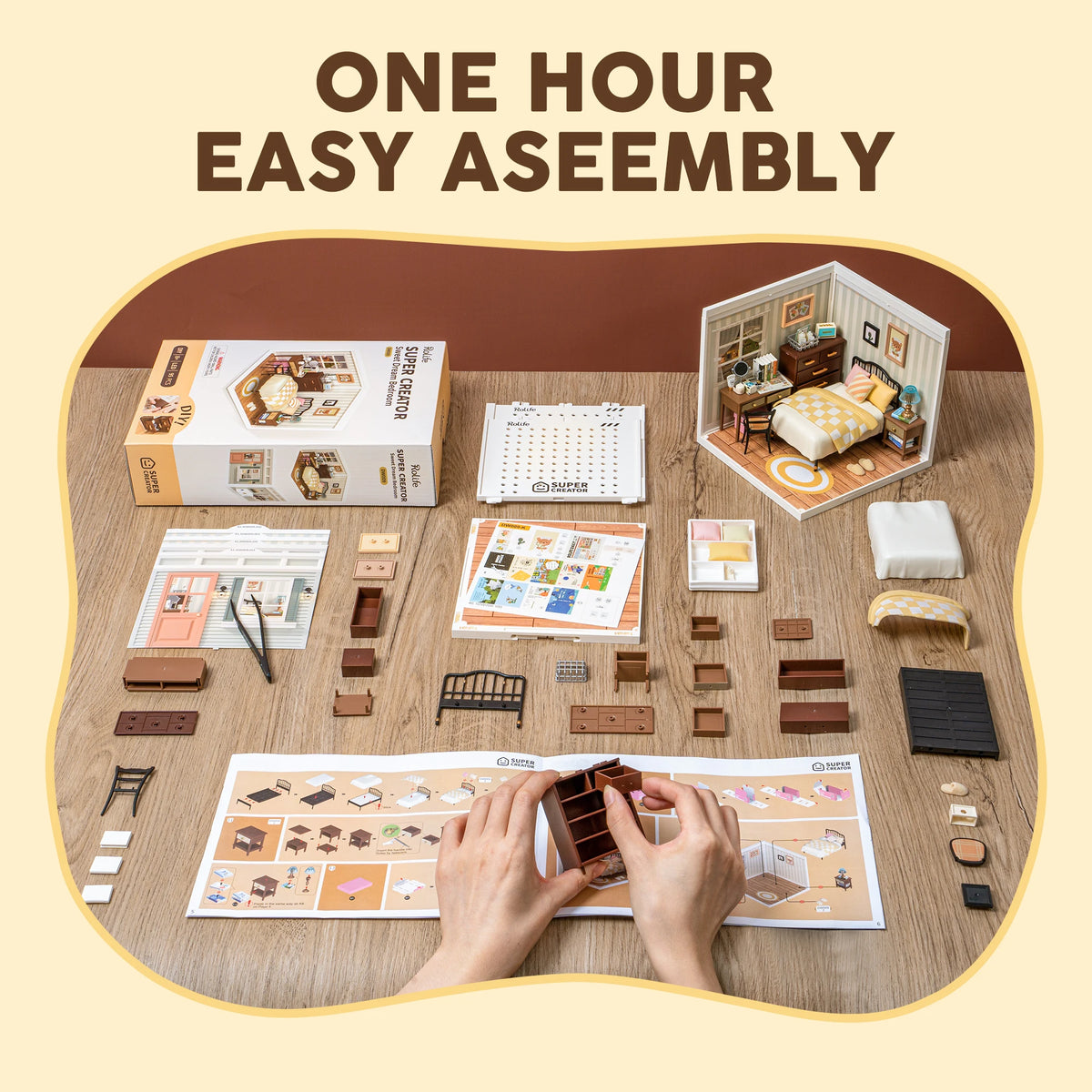 A DIY miniature dollhouse kit showing various wooden pieces and instructions for assembling a sweet dream bedroom.