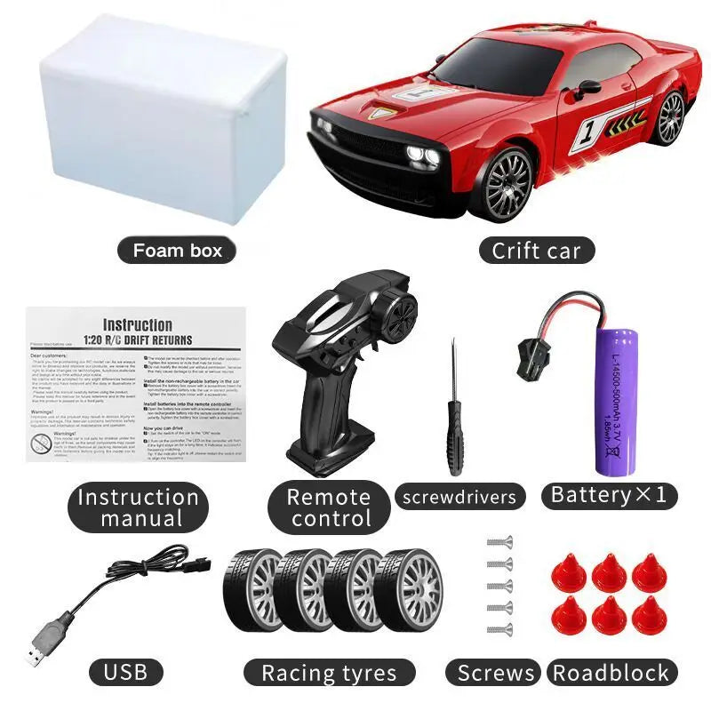 A red high-speed 4WD drift RC car with various accessories including a foam box, instruction manual, remote control, and tool