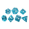 A set of seven double-color polyhedral dice with gold numbering, featuring various shapes and numbers.