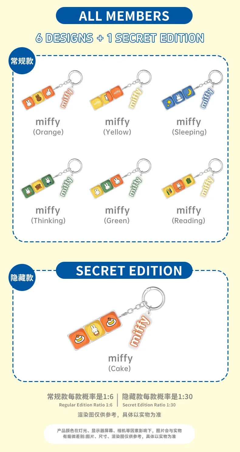 A collection of Miffy keycap pendants in various designs including Orange, Yellow, Sleeping, Thinking, Green, Reading, and a 