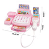A pink interactive cash register toy with lights and sounds for children, featuring a keypad and a cord.