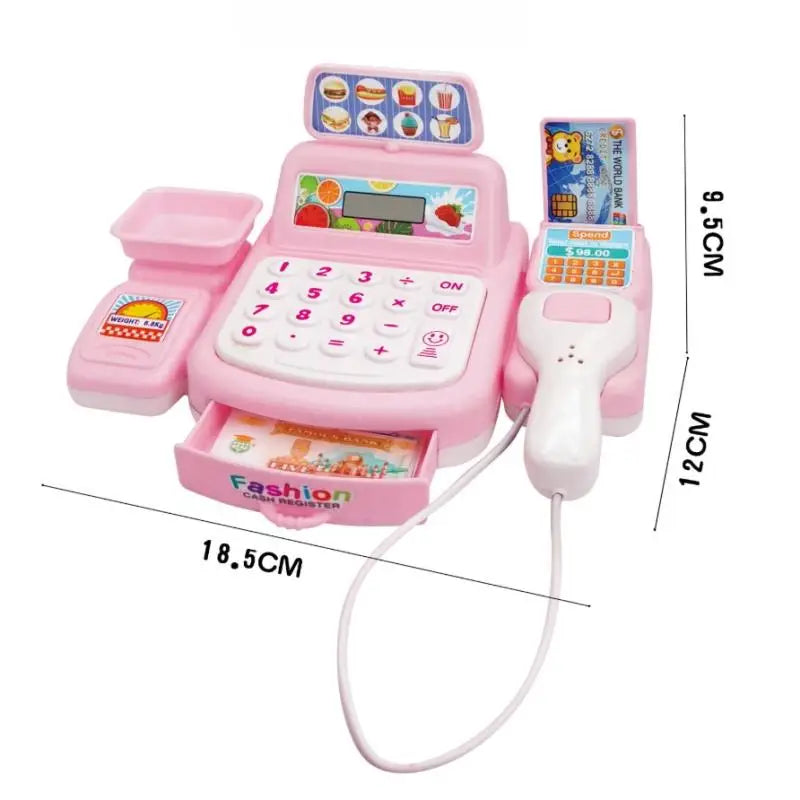 A pink interactive cash register toy with lights and sounds for children, featuring a keypad and a cord.