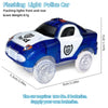 A blue flashing light police car toy with white accents and wheels.