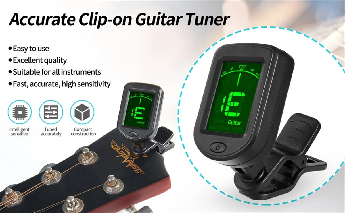 A black clip-on guitar tuner is shown mounted on a guitar neck, demonstrating its use for tuning instruments.