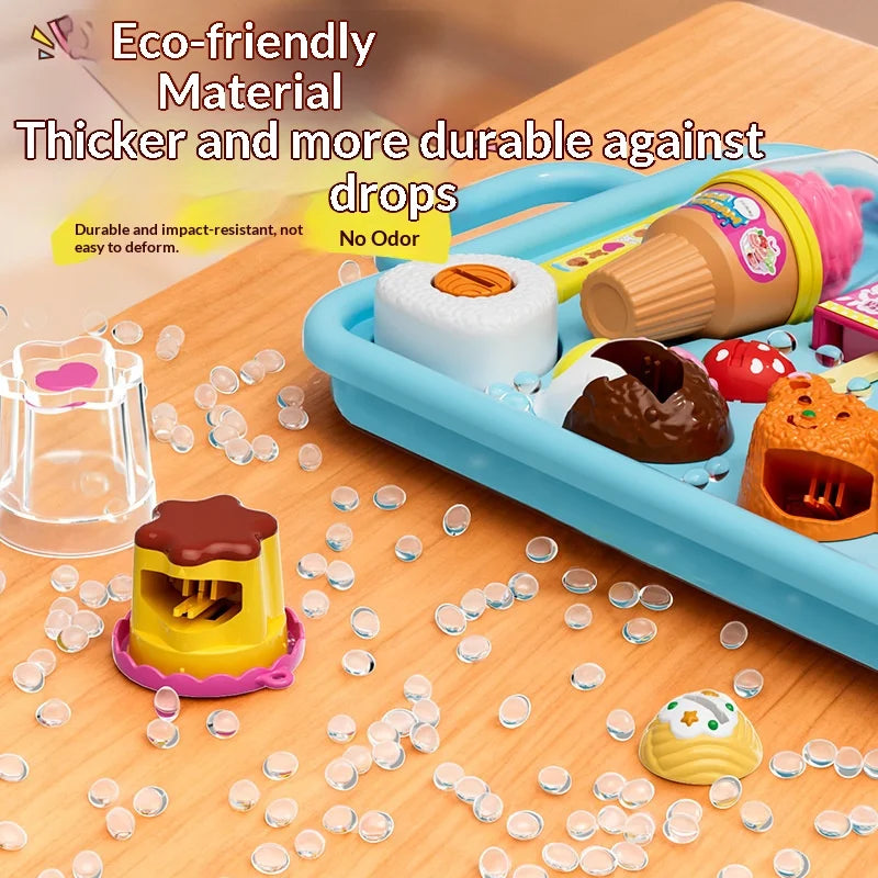 A blue plastic food container filled with various pretend play food items like fruit and desserts on a wooden table.