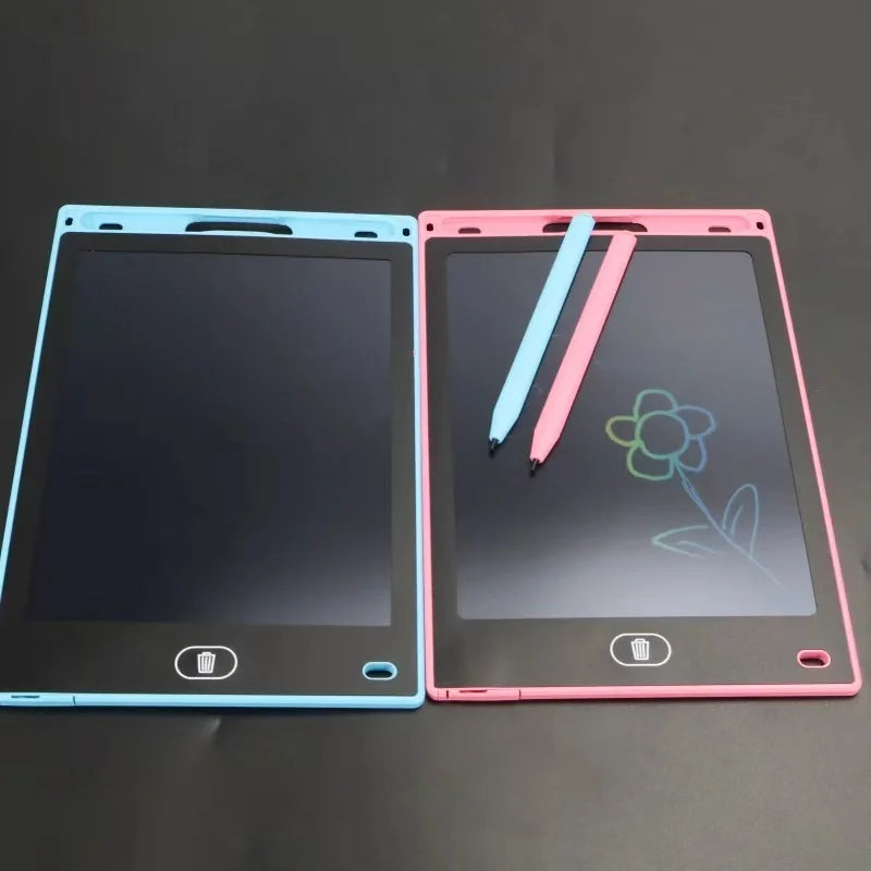 A pink and blue 8.5-inch LCD writing tablet with a stylus is shown side by side.