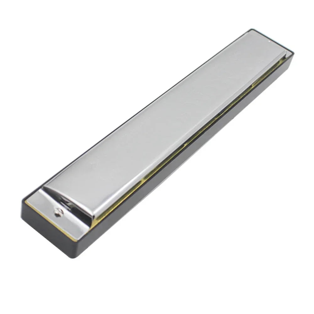 Silver 24-hole tremolo harmonica in a protective case