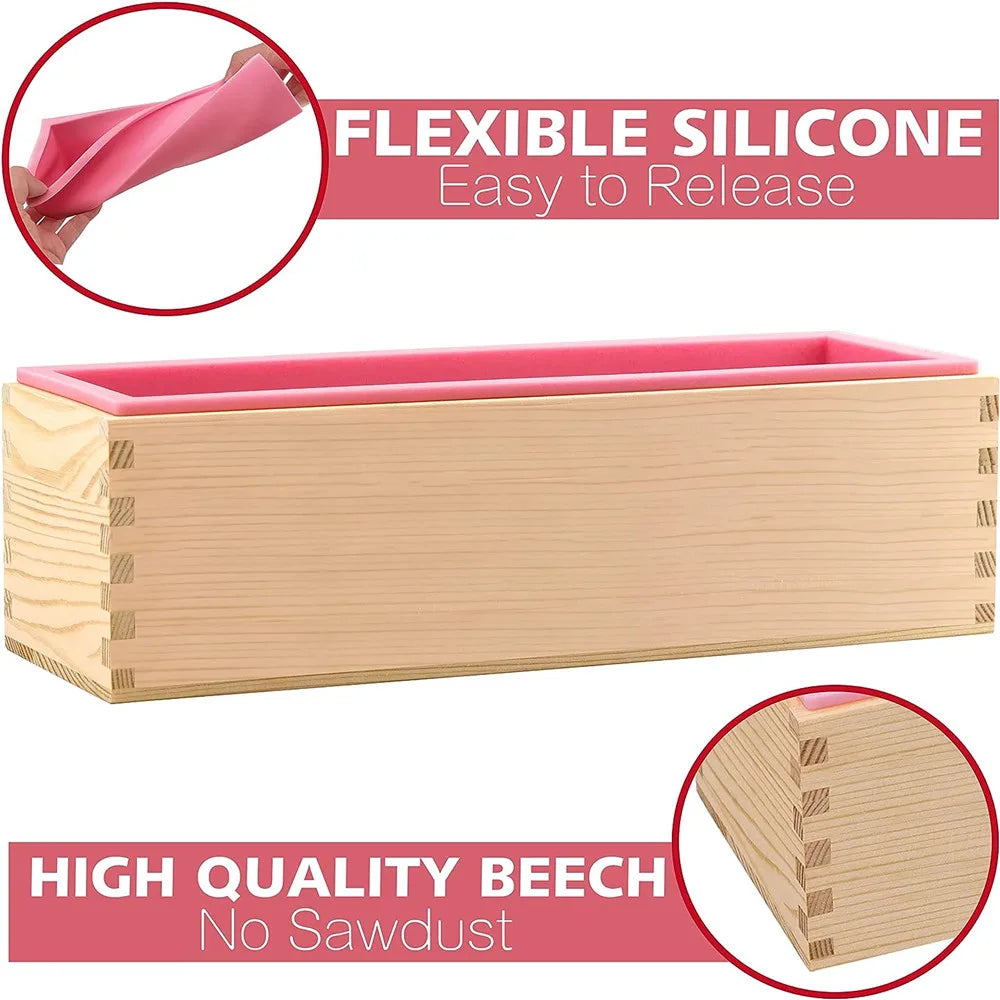 Complete Silicone Soap Making Mold Kit with Wooden Box and Stainless Steel Cutters