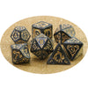 A set of dragon-inspired polyhedral dice including d10, d12, and d20 shapes on a gold background.
