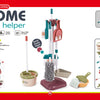 A set of cleaning tools and accessories for a home little helper toy, including brushes, sponges, and storage containers.