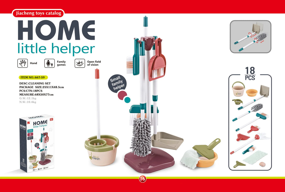 A set of cleaning tools and accessories for a home little helper toy, including brushes, sponges, and storage containers.
