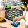 A parent and child interact with a triangle chess strategy board game featuring colored pieces.