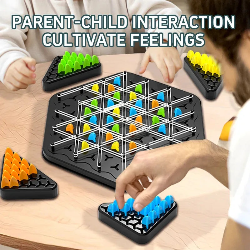 A parent and child interact with a triangle chess strategy board game featuring colored pieces.