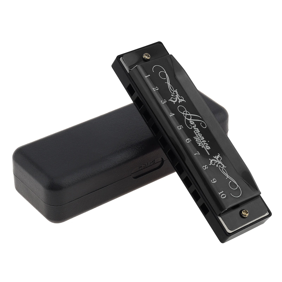 A black 10-hole diatonic harmonica in C with its protective case, shown from above.