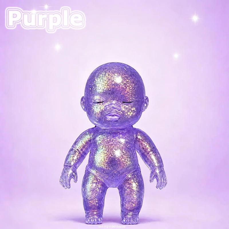 A purple, glittery squishy baby stress relief toy is shown against a light purple background.